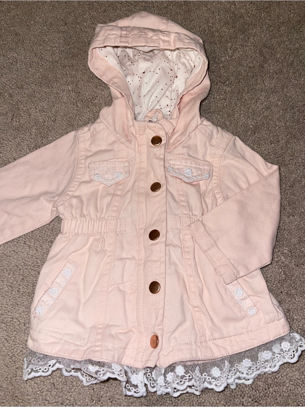 Baby Girl’s 100% Cotton Light Pink Hooded Lace-Trim Jacket